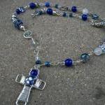 Blue And Silver Wire Necklace With Cross Pendant