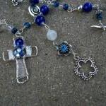 Blue And Silver Wire Necklace With Cross Pendant
