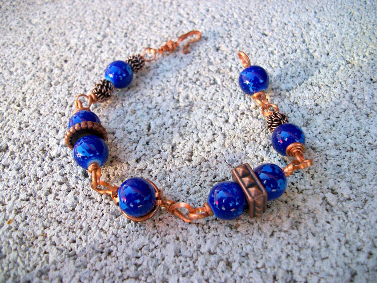 Handmade Copper-wire And Blue Beaded Bracelet