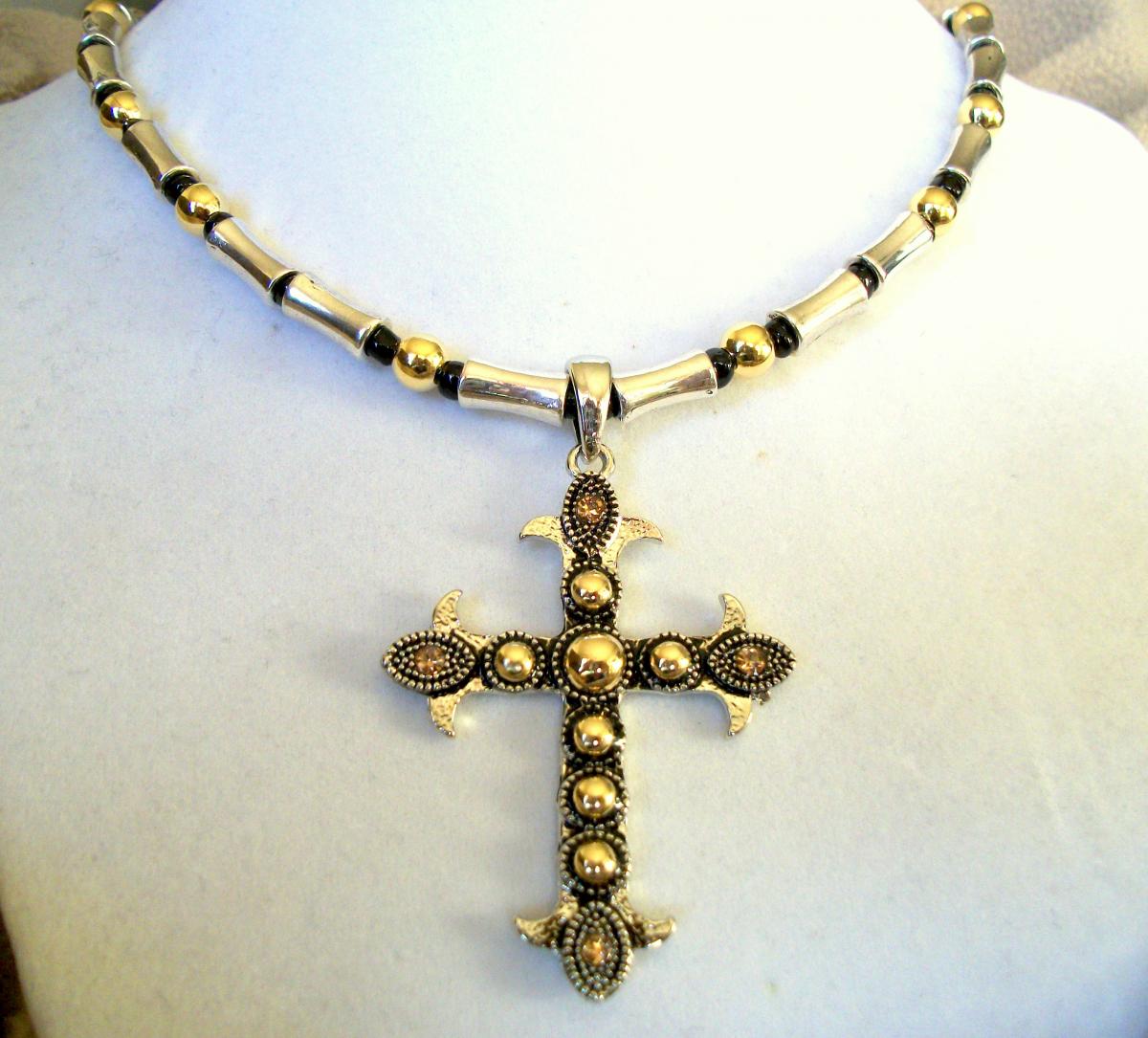 Handmade Silver And Gold Necklace With Black Accents, Beautiful Cross Pendant!