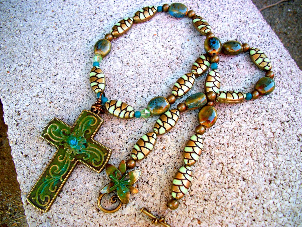 Green, Aqua, And Brass Necklace With Cross Pendant